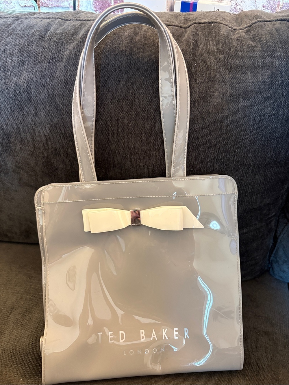 Ted Baker Gray Patent Tote with Cream Bow Accent